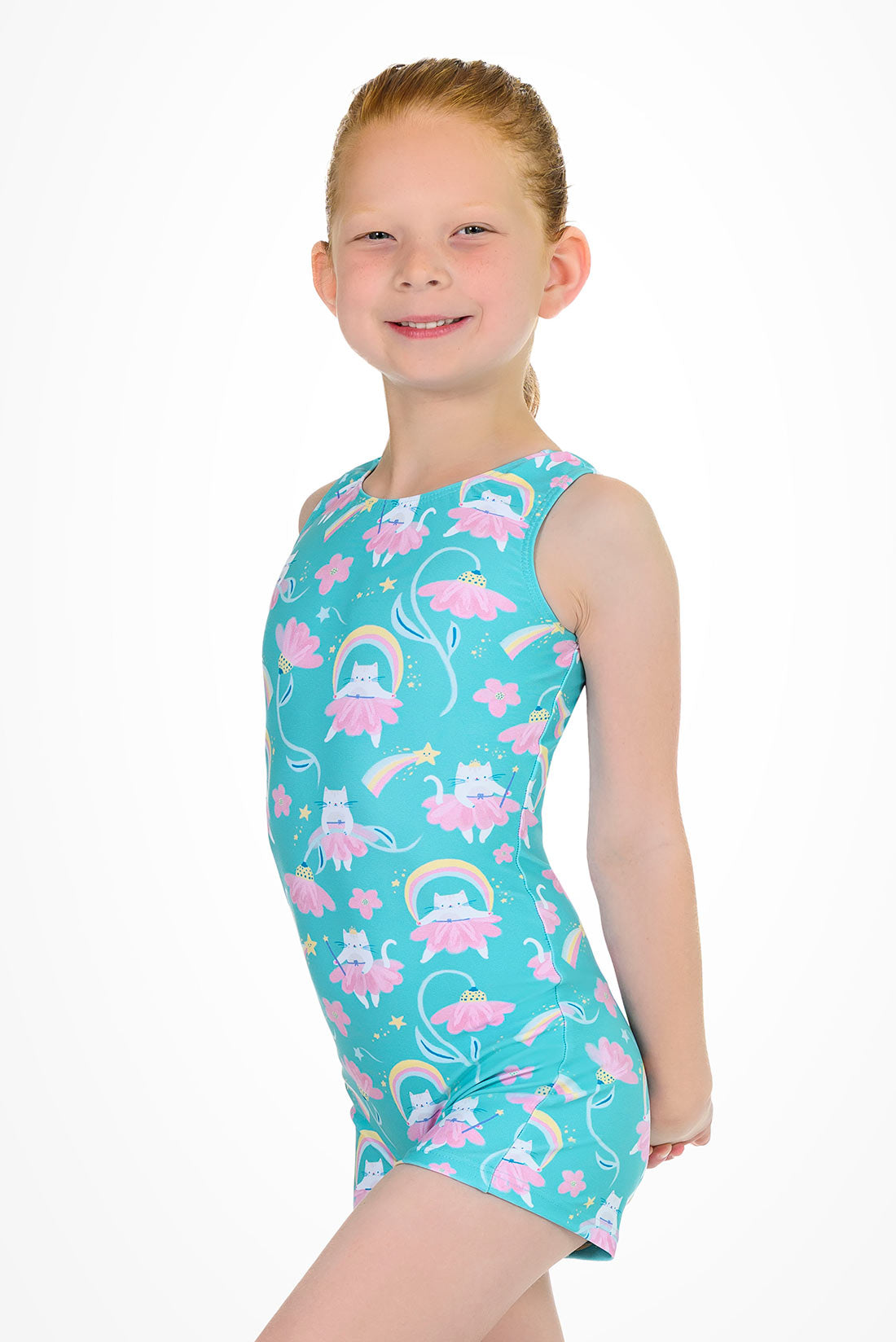 Teal biketard for toddler gymnastics classes by Destira, 2026