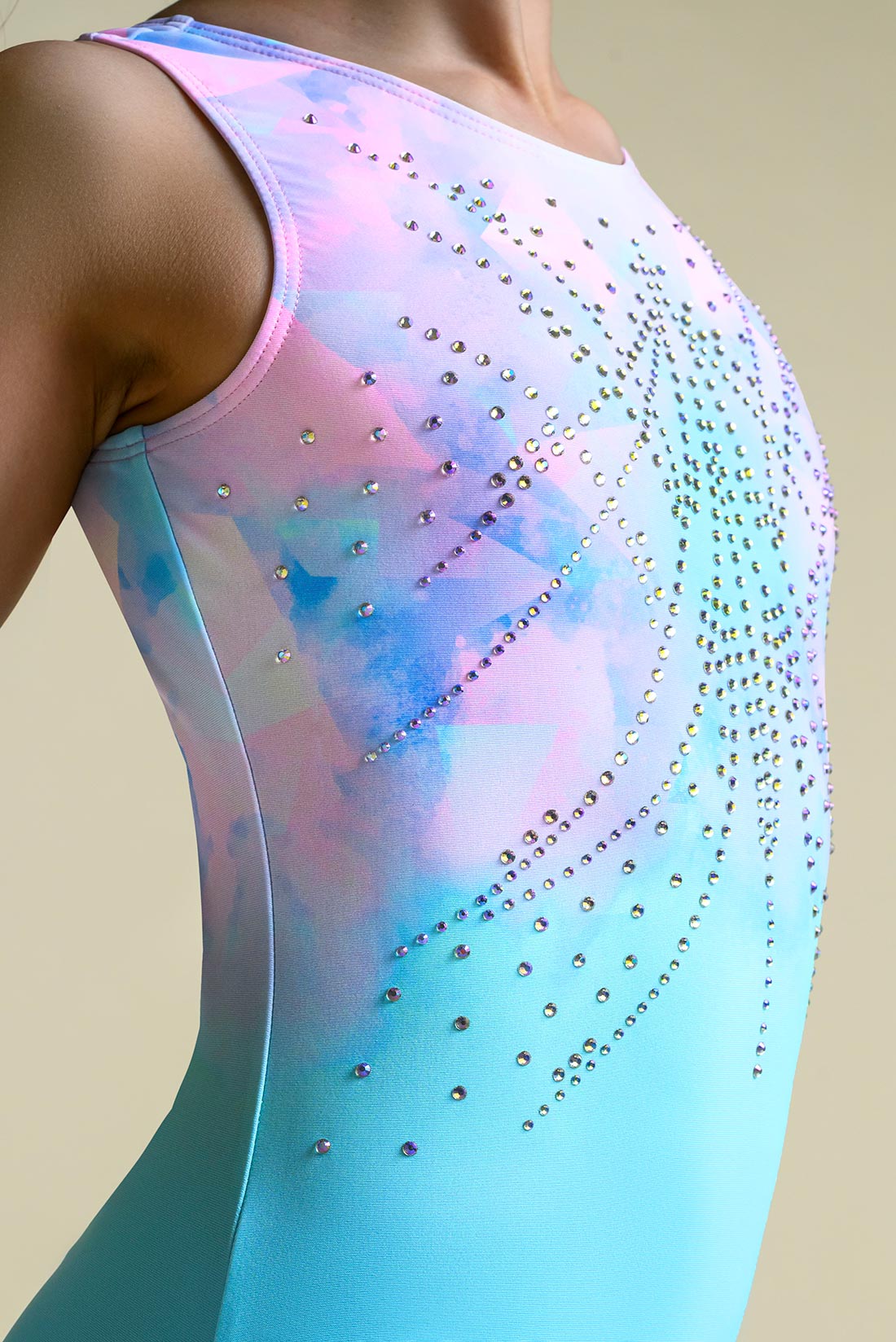 Crystal embellishment detail on gymnastics leotard by Destira, 2026