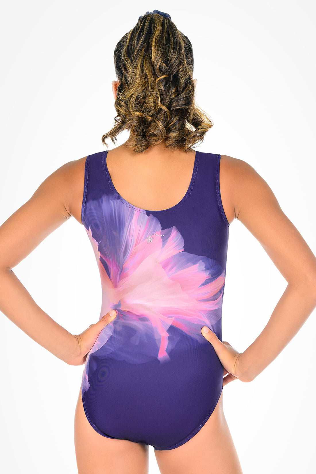 Floral design on purple leotard by Destira, 2026