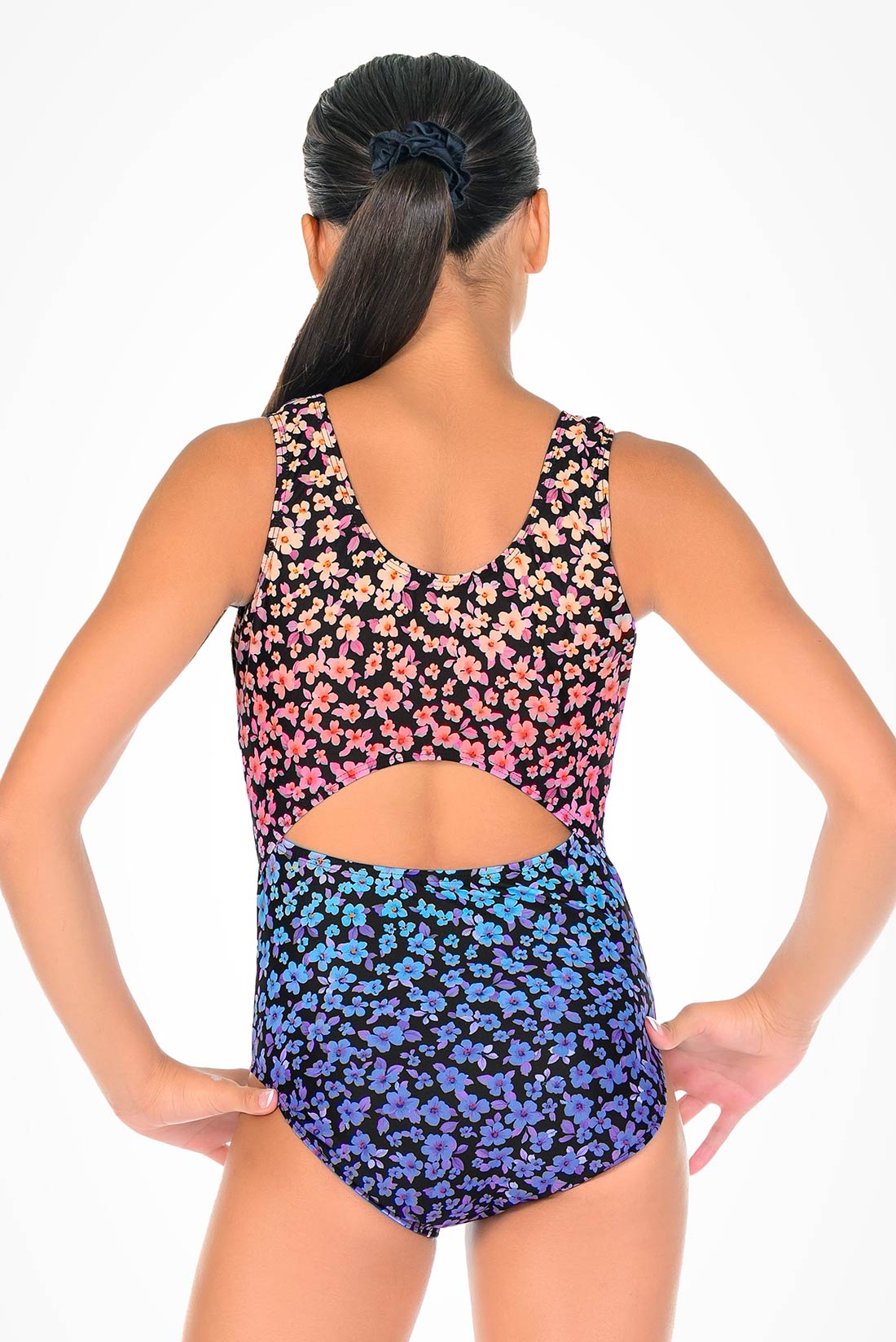 Open back floral leotard for gymnastics class by Destira, 2026