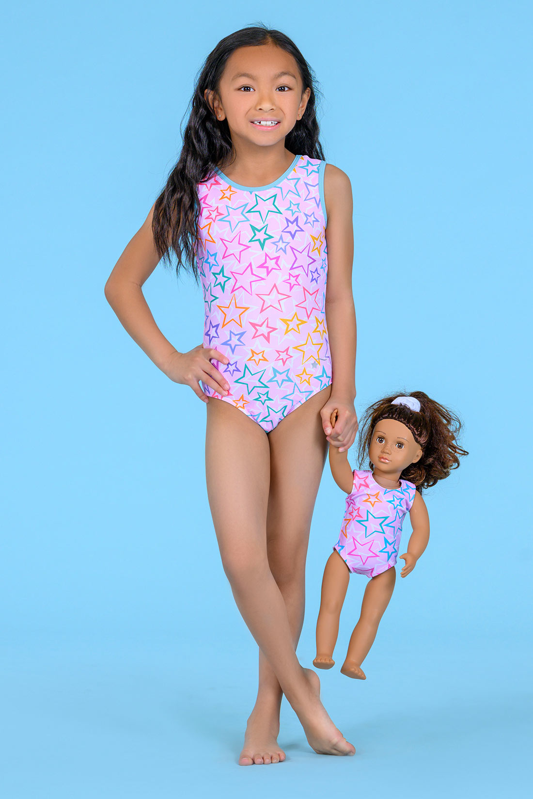 Pink star leotard with matching doll leotard by Destira, 2026