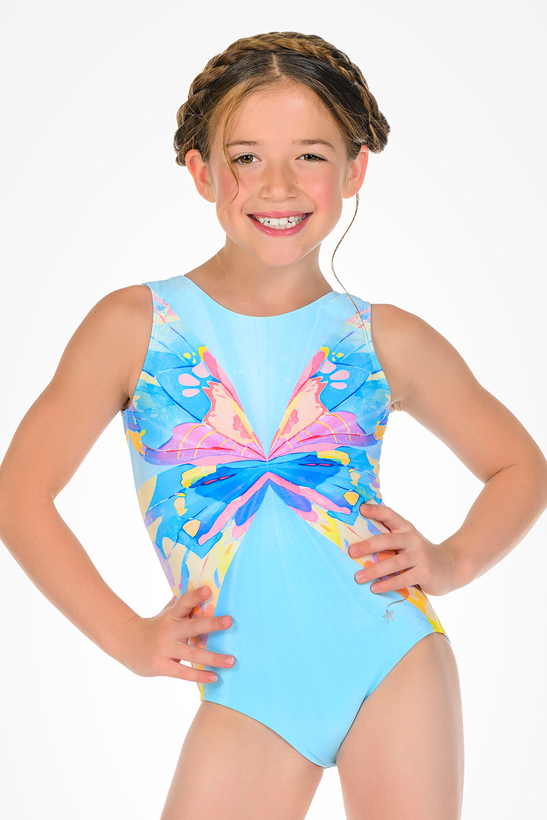 Sky blue butterfly leotard for girls by Destira, 2026