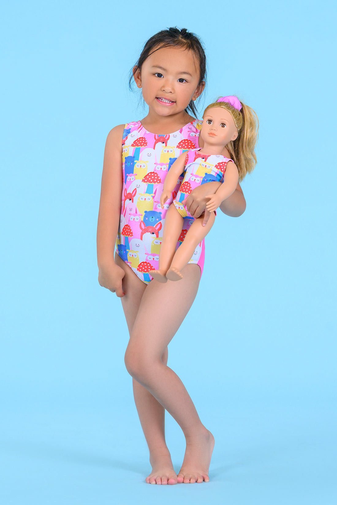 Pink and yellow animal leotard with matching doll leotard by Destira, 2026