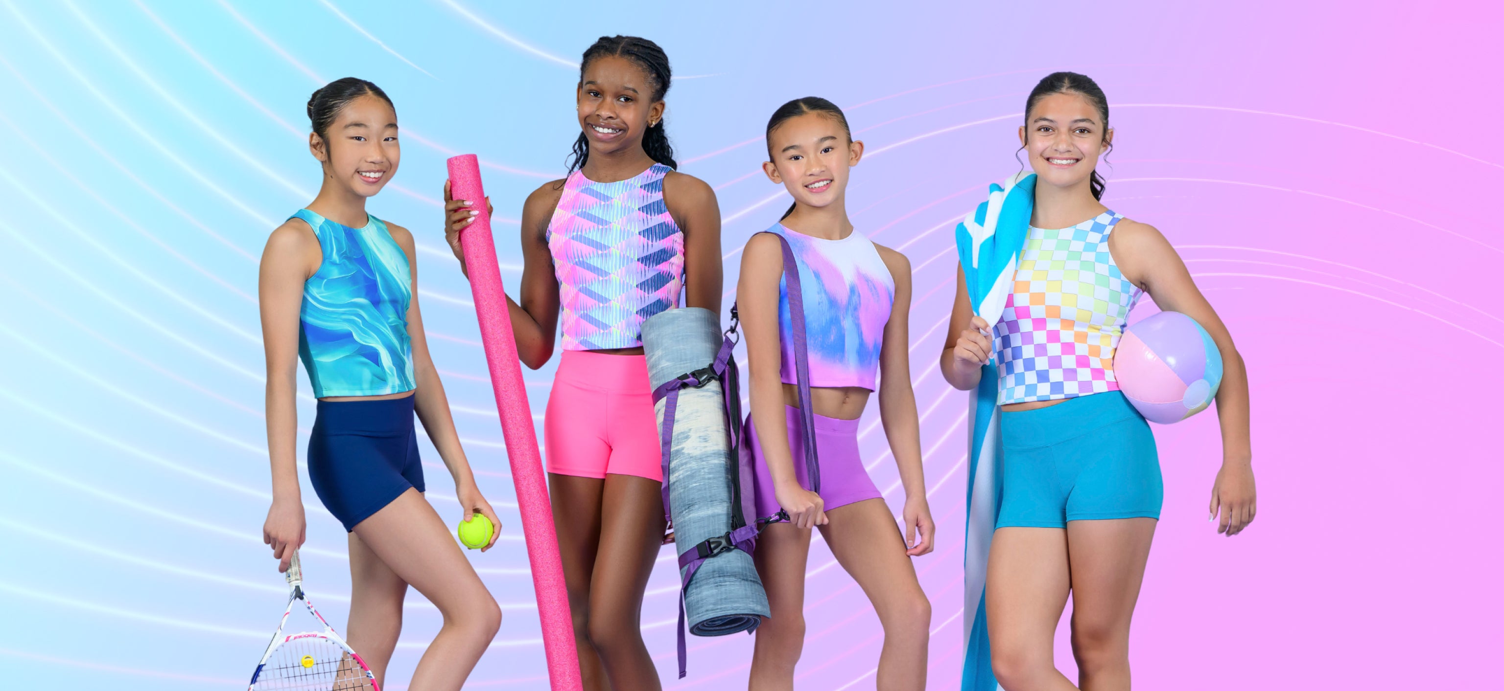 Four girls in colorful activewear with workout accessories on a gradient background