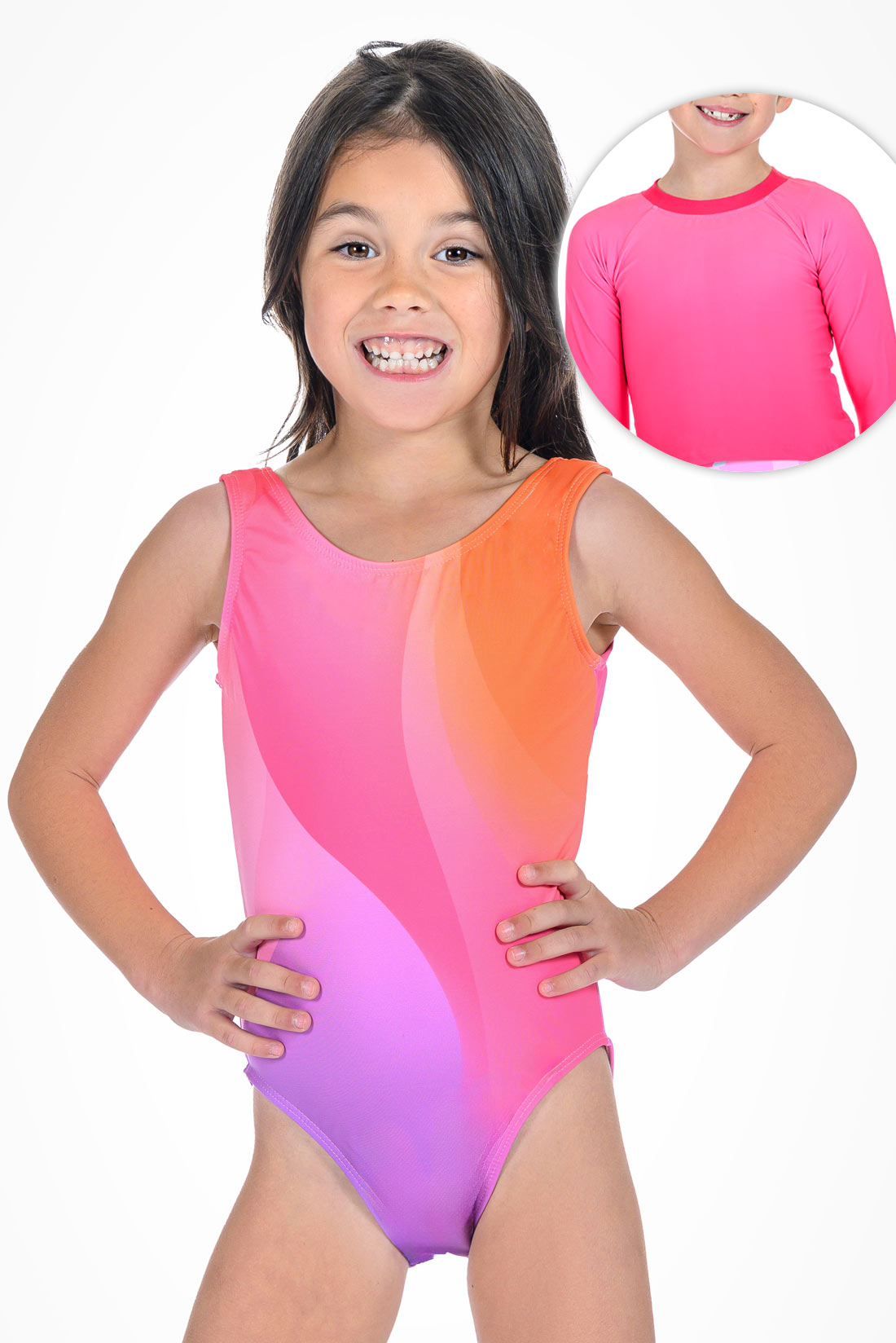 Young girl wearing a colorful pink, purple and orange one-piece swimsuit showing front view
