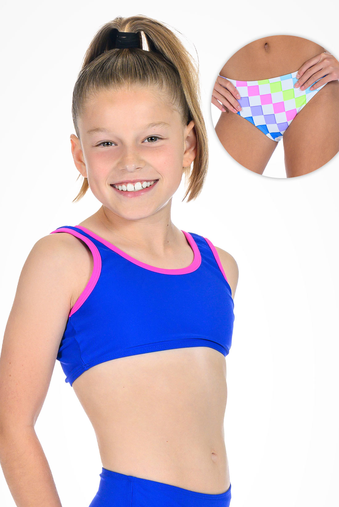 Girl wearing a blue tank bikini top and bottom on white background showing side view