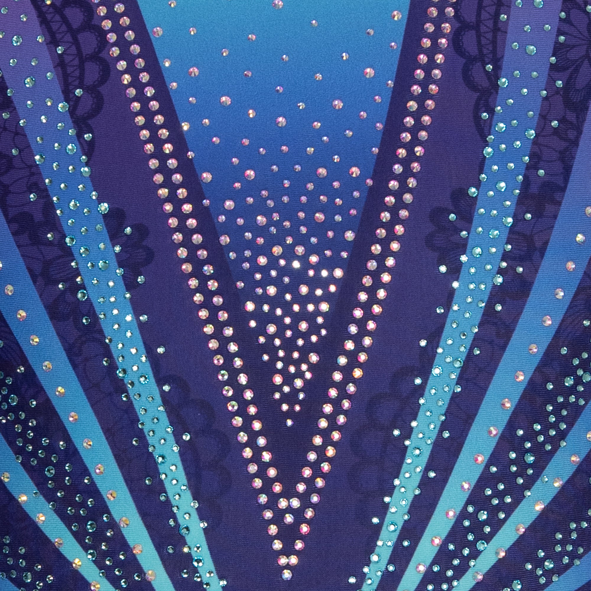Blue and purple custom embellished leotard by Destira, 2025