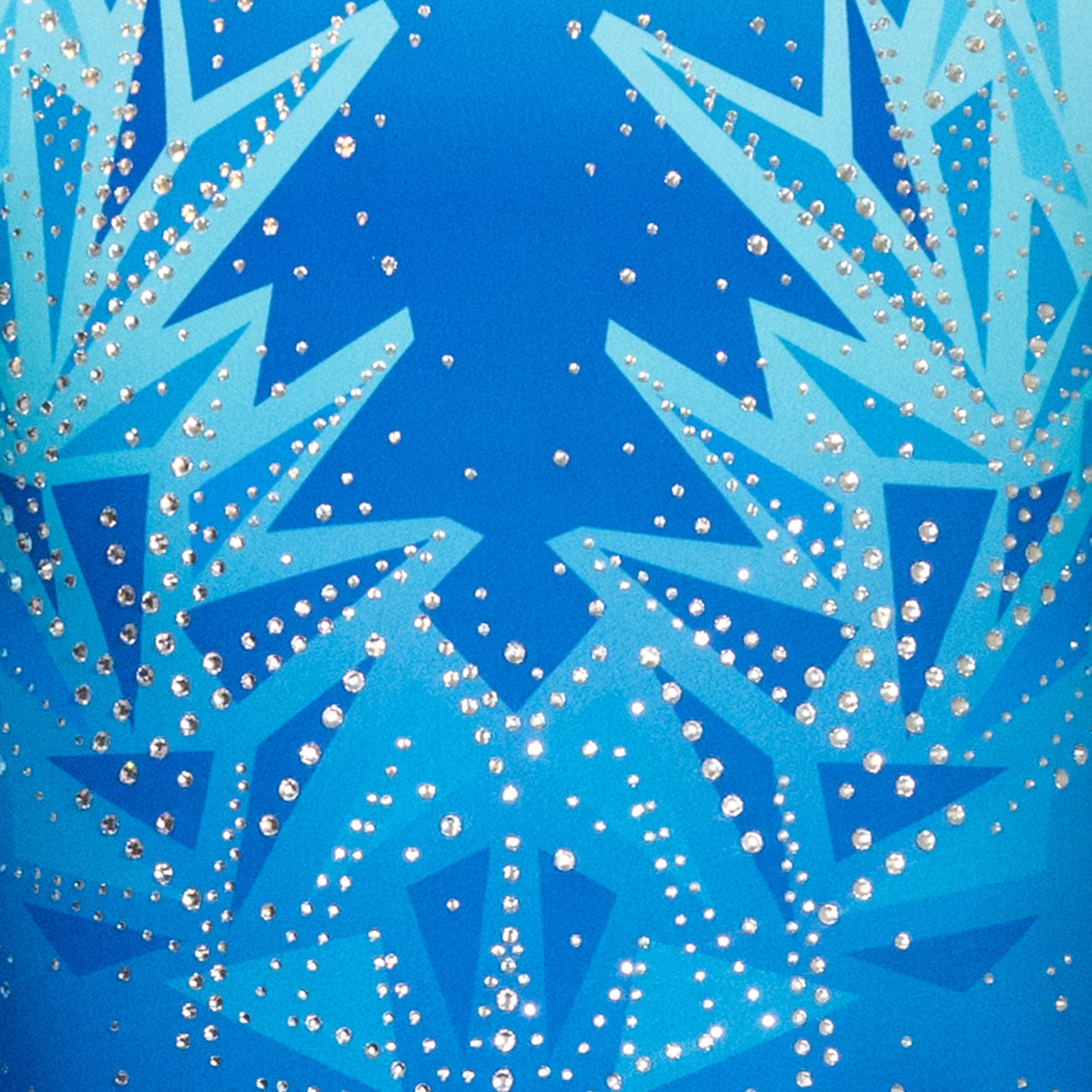 Blue geometric patterned leotard with  rhinestones on custom long sleeve leotard by Destira, 2025