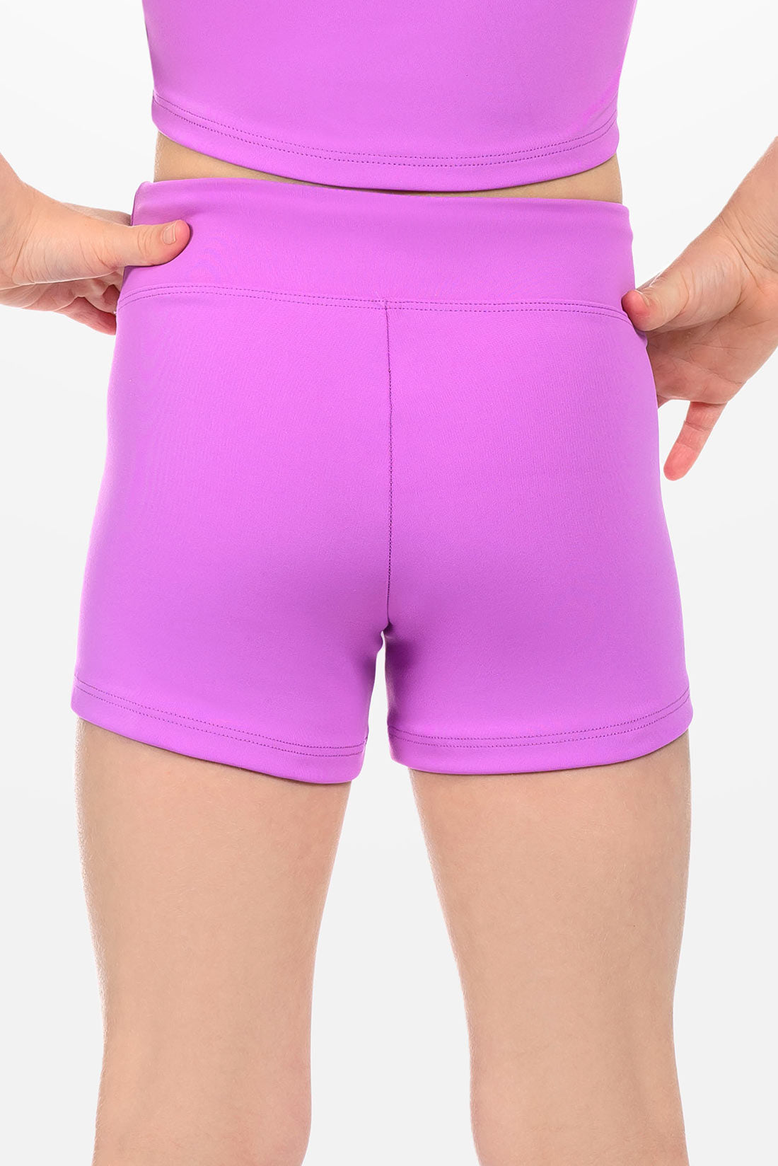 Purple high waisted shorts for girls in gymnastics by Destira, 2026