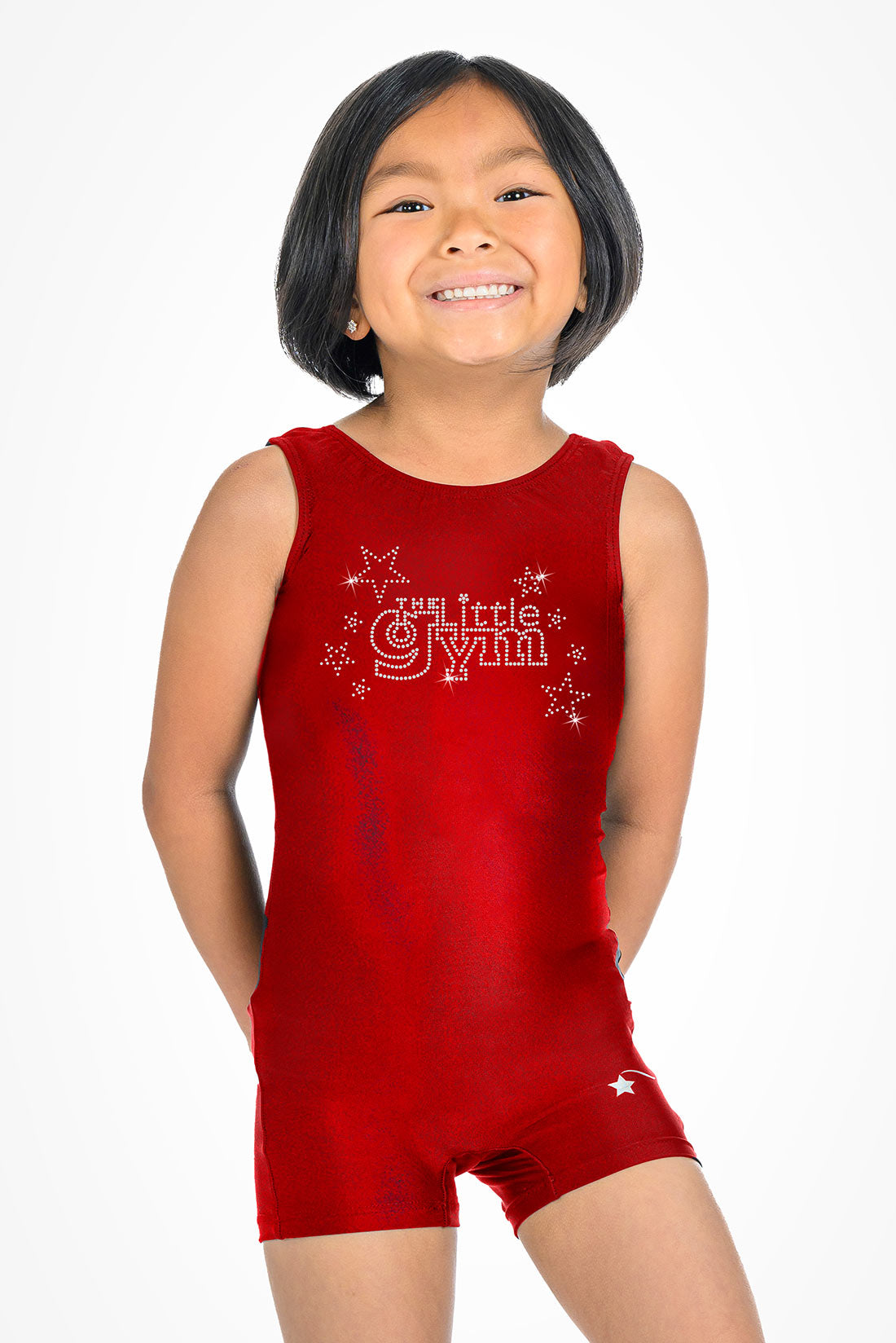 Shiny red biketard for TLG gymnasts by Destira, 2026
