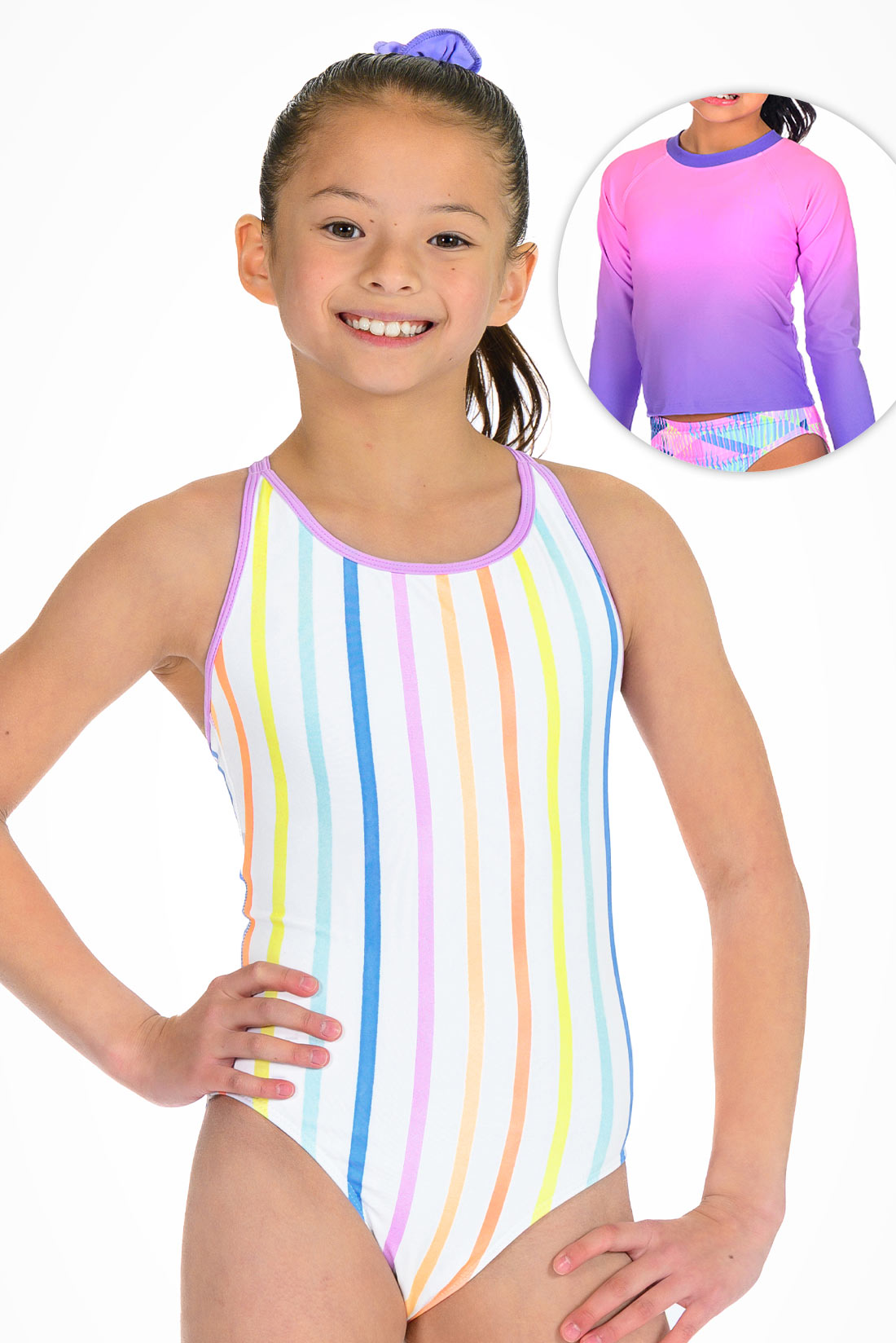 Candy Stripes One-Piece Swimsuit paired with a pink lavender rash guard