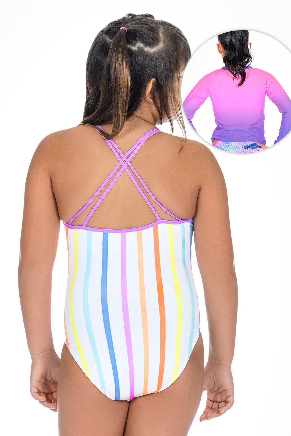 Candy Stripes One-Piece Swimsuit paired with a pink lavender rash guard showing back view
