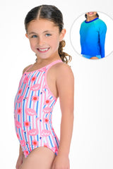Flamingo Breeze One Piece and Blue Raspberry Rash Guard Set