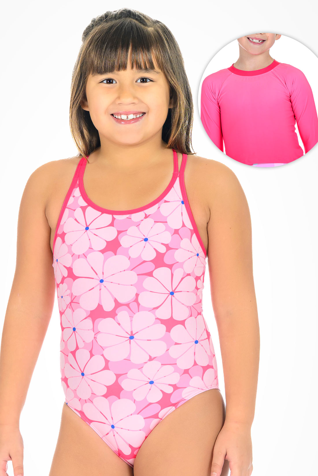 Girl wearing pink floral one piece swimsuit on white background showing front view
