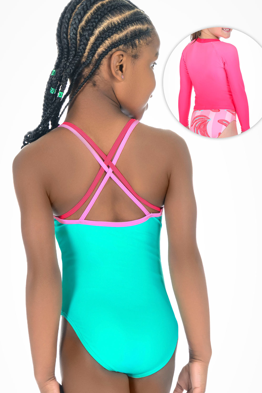 Seafoam Strappy One-Piece Swimsuit paired with the Watermelon Sorbet Rash Guard back view