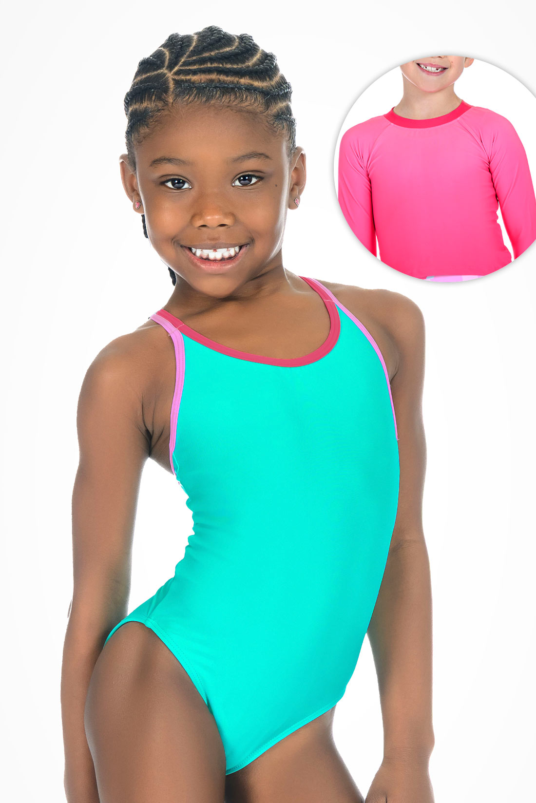 Seafoam Strappy One-Piece Swimsuit paired with the Watermelon Sorbet Rash Guard