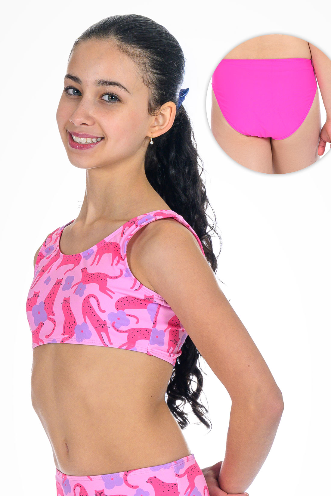 Girl wearing pink animal print bikini on white background showing back view of hot pink bikini bottom 