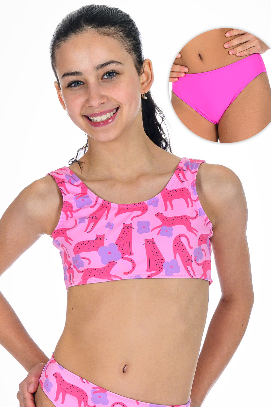 Girl wearing pink animal print bikini on white background showing front view