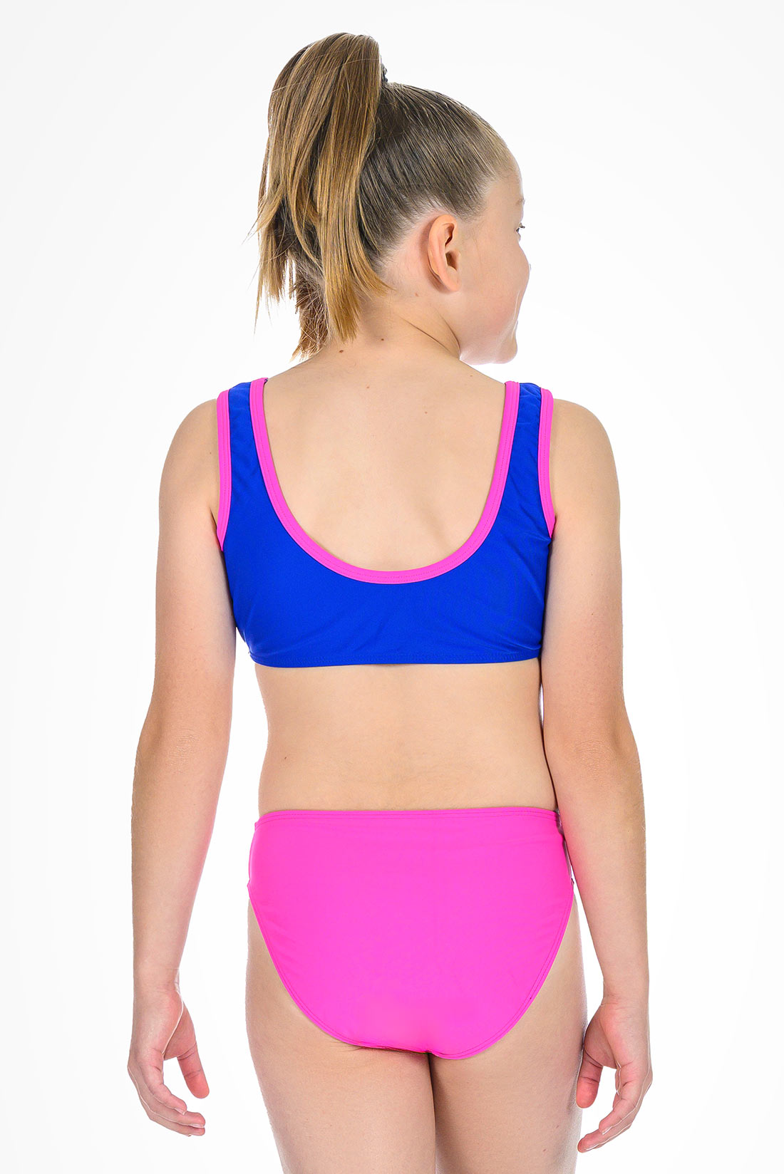 Girl wearing a blue and pink bikini set on a white background showing back view