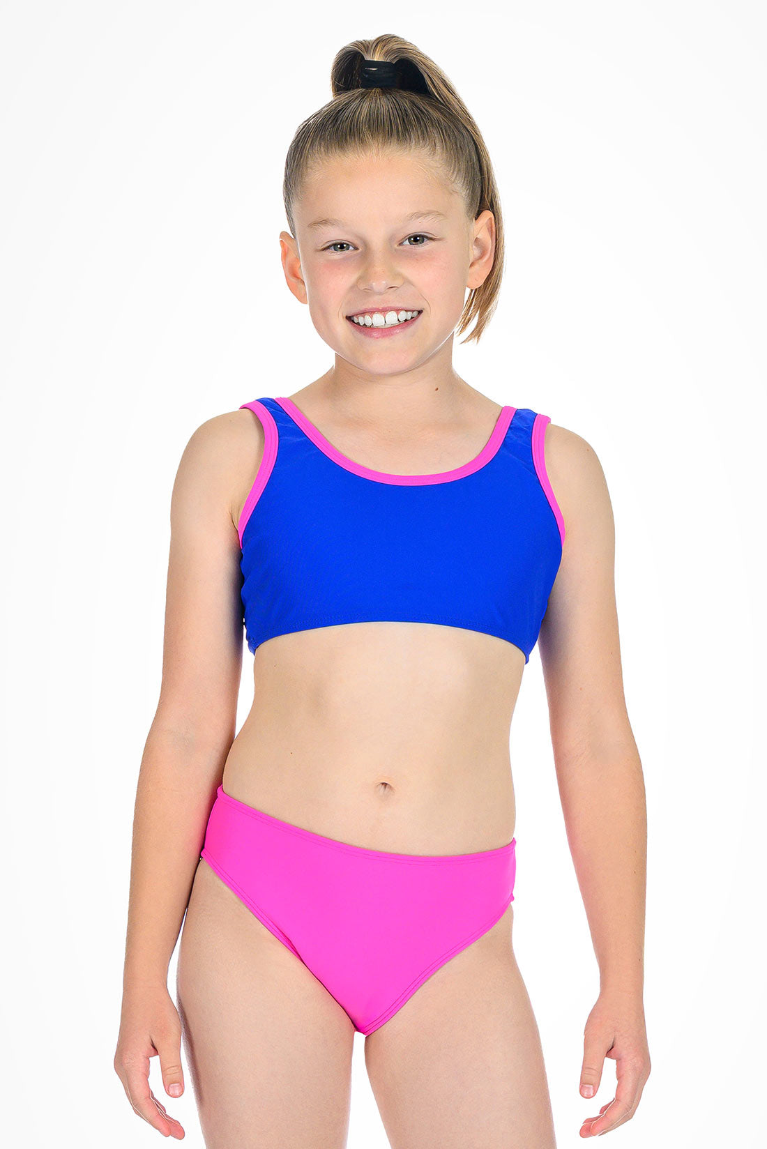 Young girl wearing a blue and pink bikini on a white background showing front view
