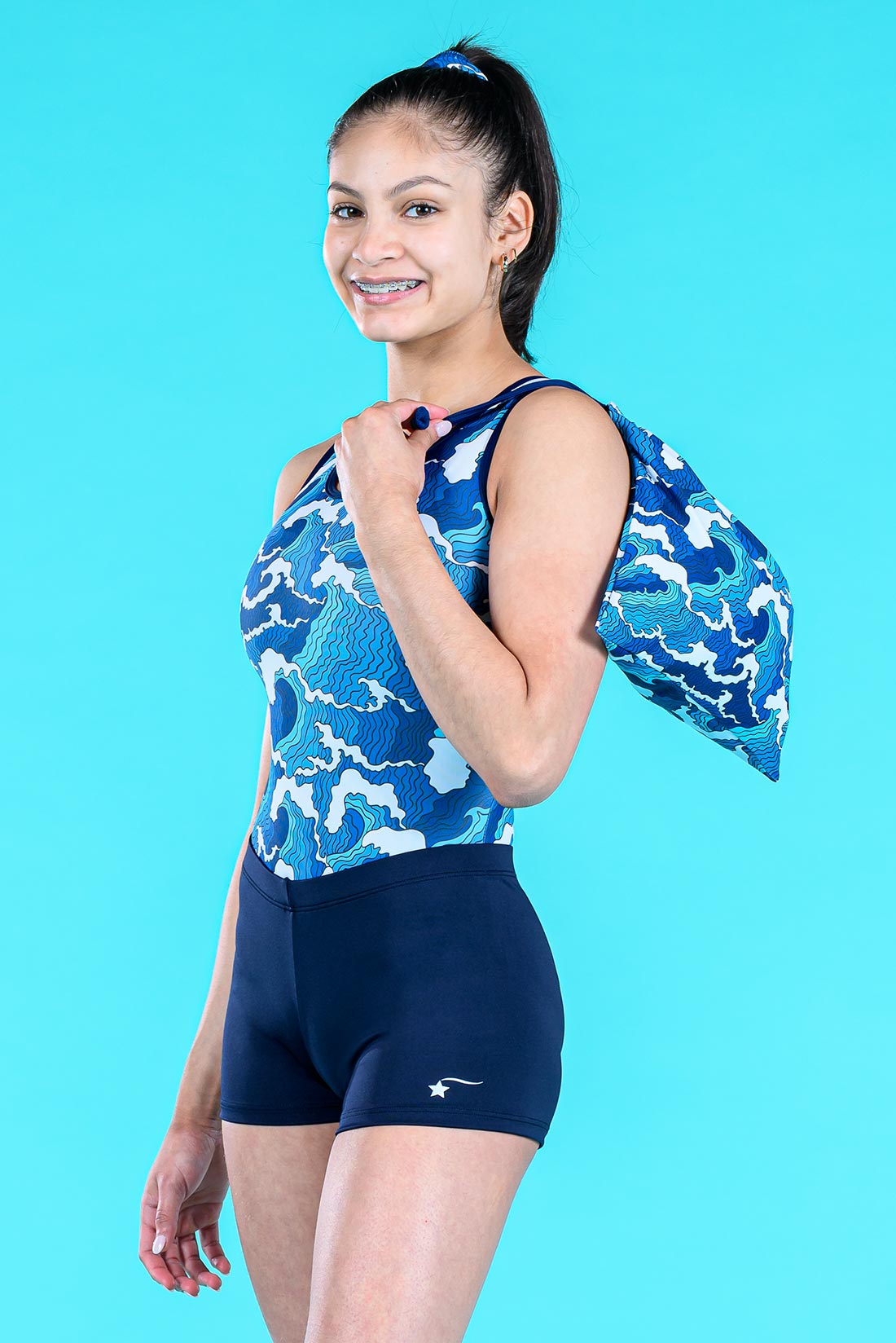 Blue gymnastics outfit with compression shorts, Destira, 2023