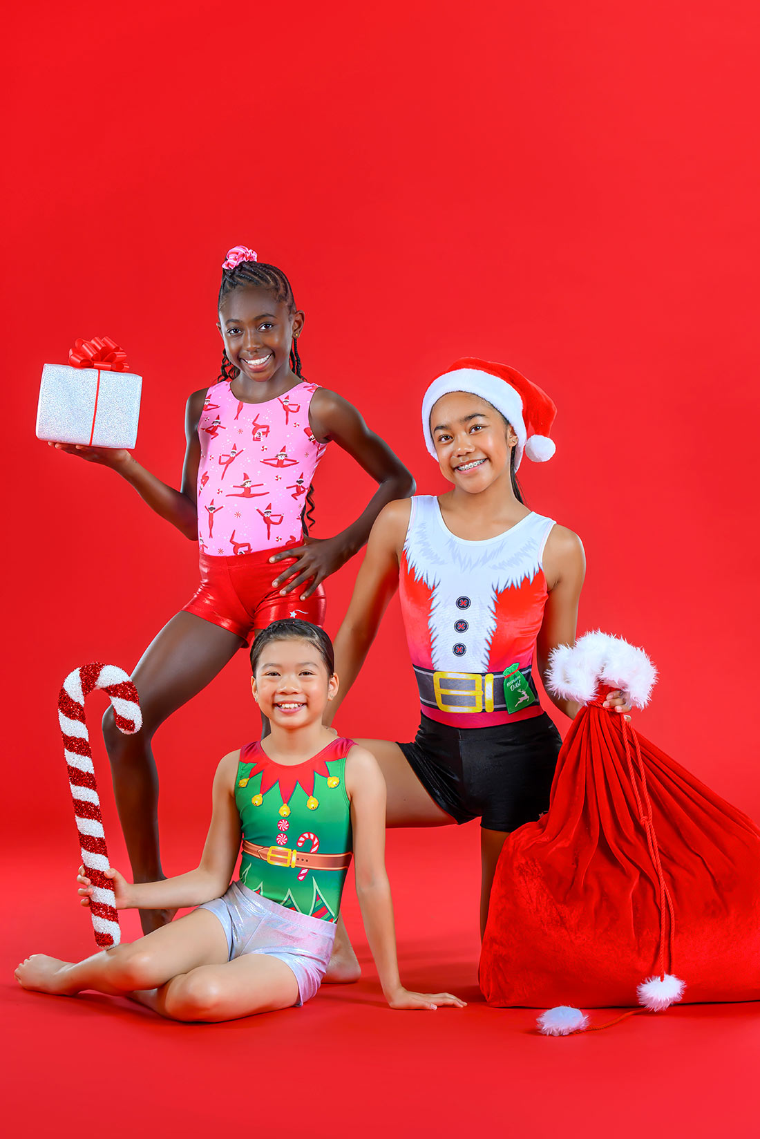 Holiday themed gymnastics outfits for the holiday season by Destira, 2024