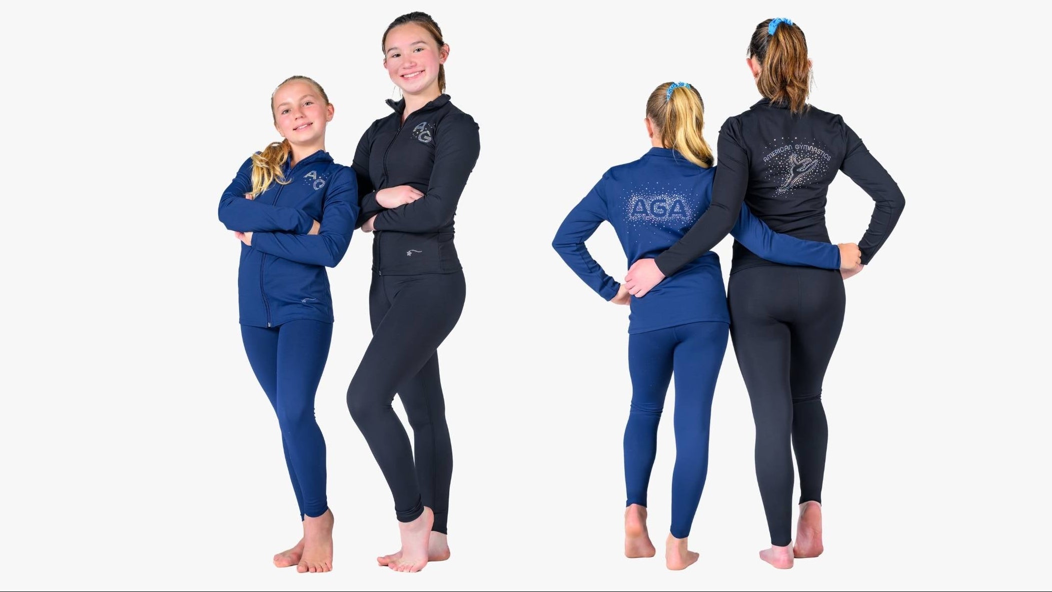 Two gymnasts in custom team warm-up set with black and blue jackets and leggings featuring custom logos.