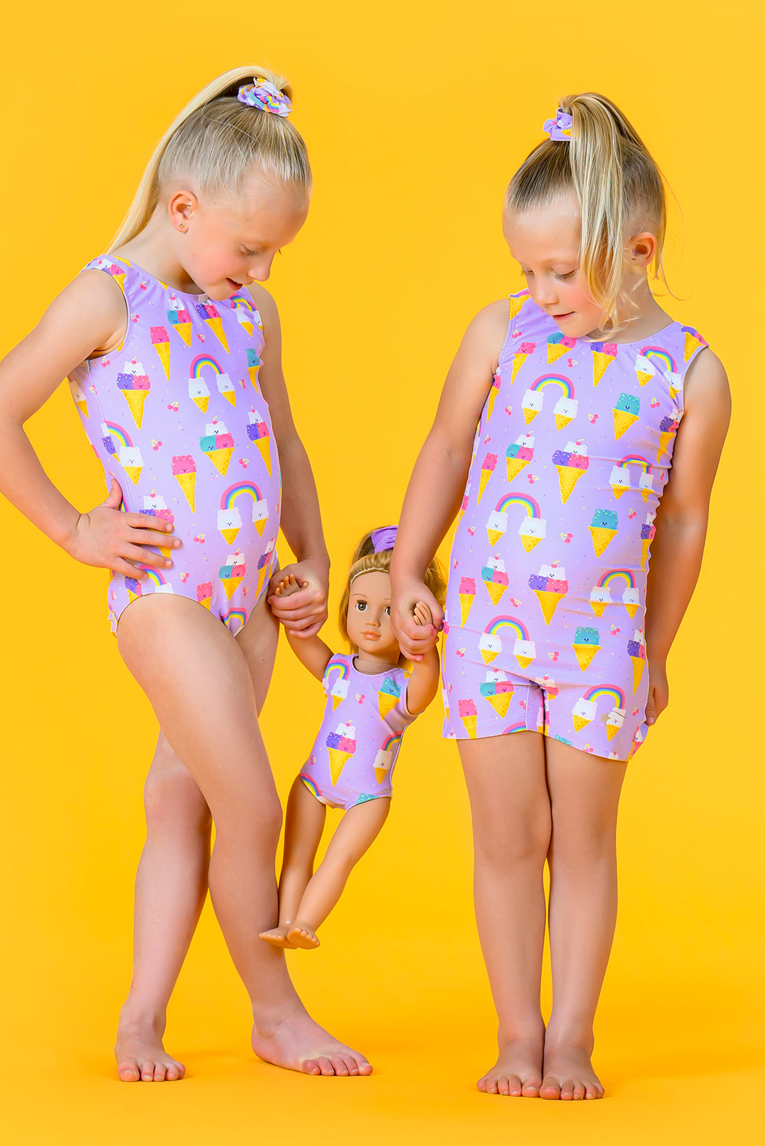 Matching gymnastics outfits for toddlers and their dolls by Destira, 2024