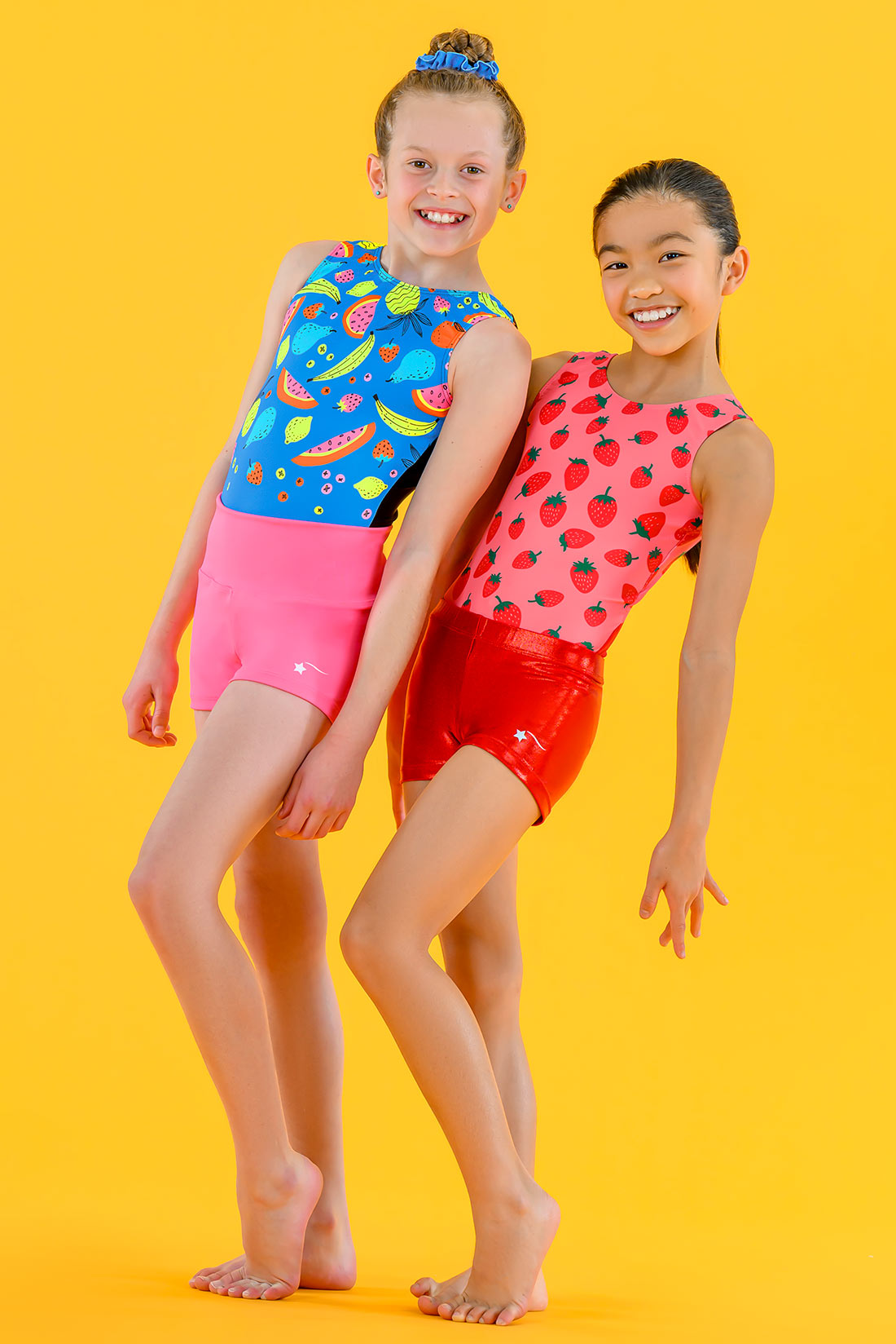 Summery gymnastics outfits featuring bright fruits by Destira, 2024
