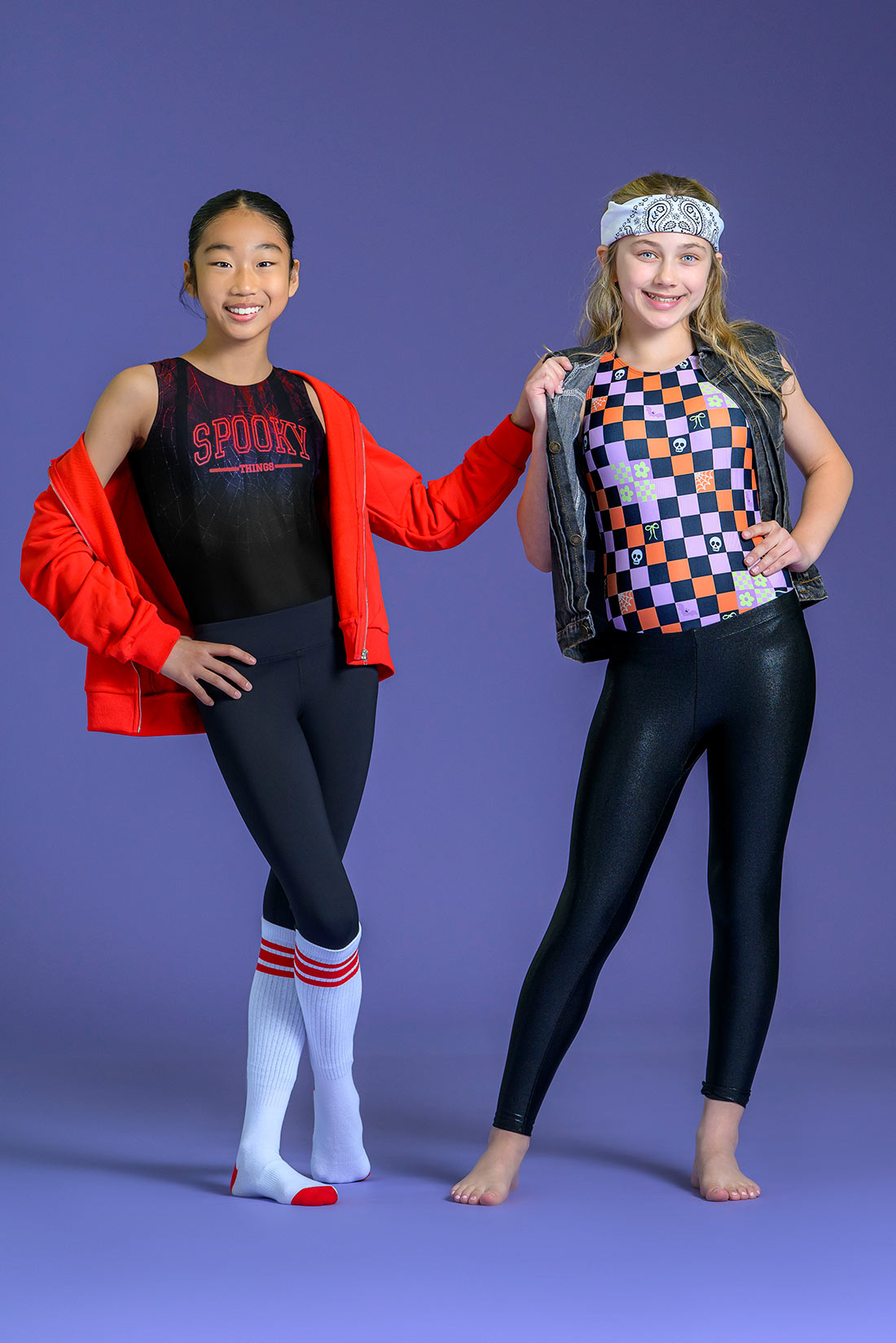 matching girls Halloween gymnastics styles with matching leggings 