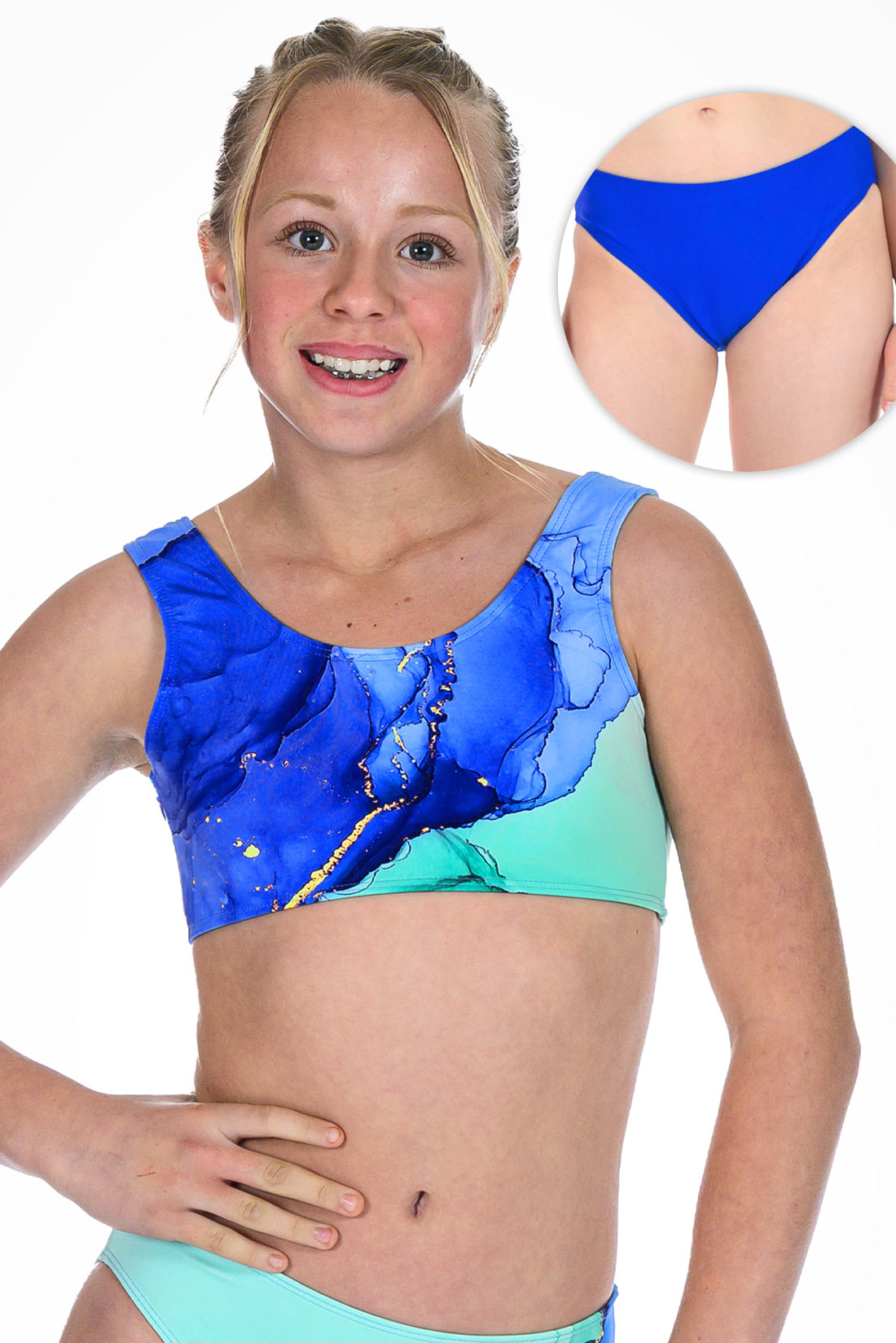 Girl wearing a blue and green bikini showing front view