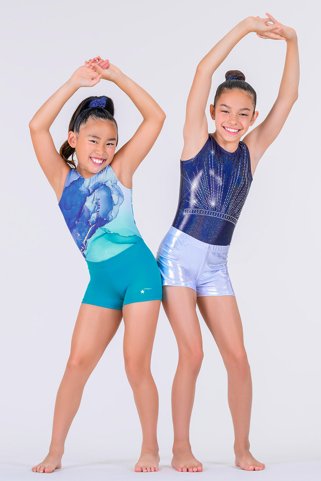 Blue gymnastics outfits for tweens and teens by Destira, 2024