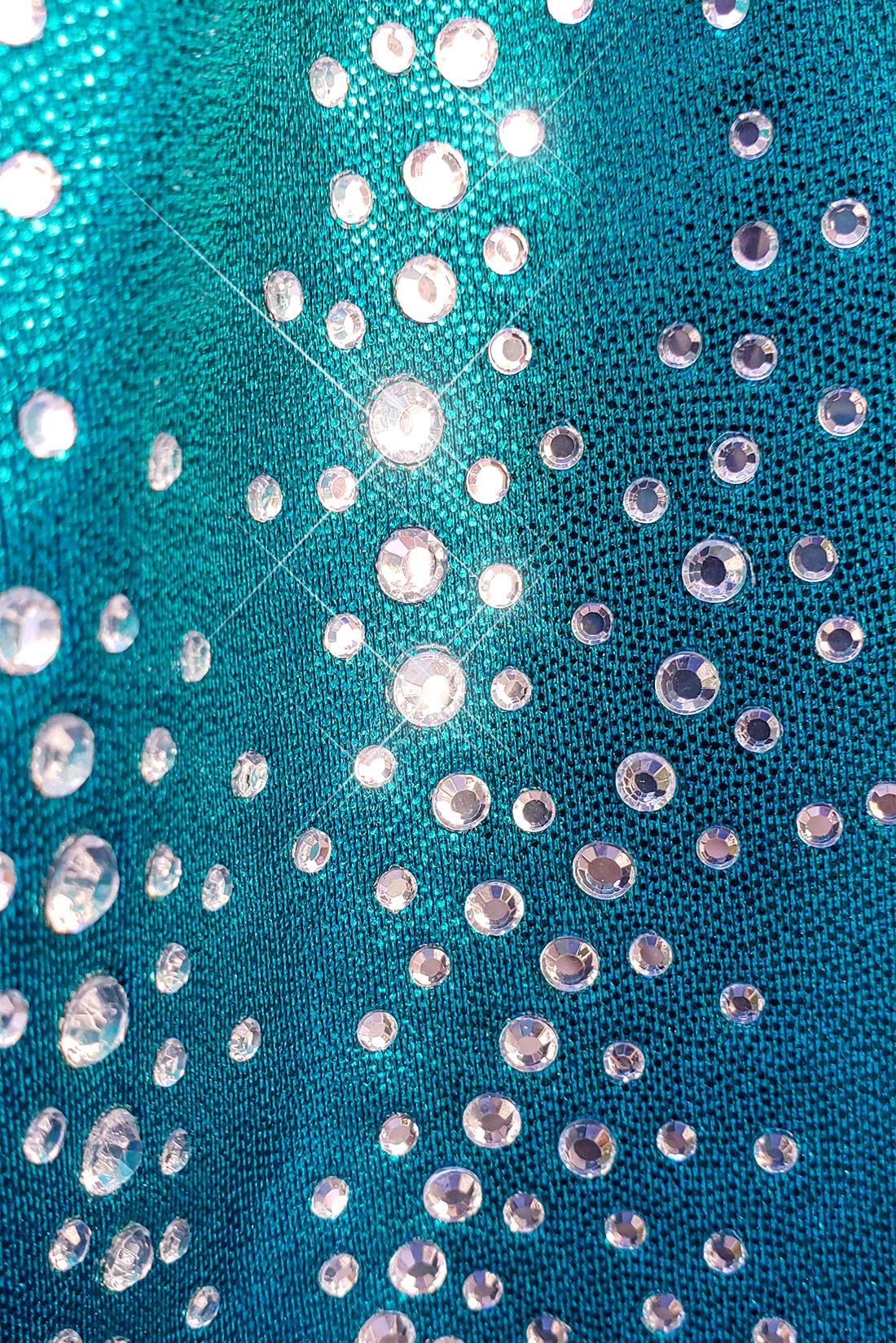Crystal embellishments on turquoise gym leo, Destira, 2023