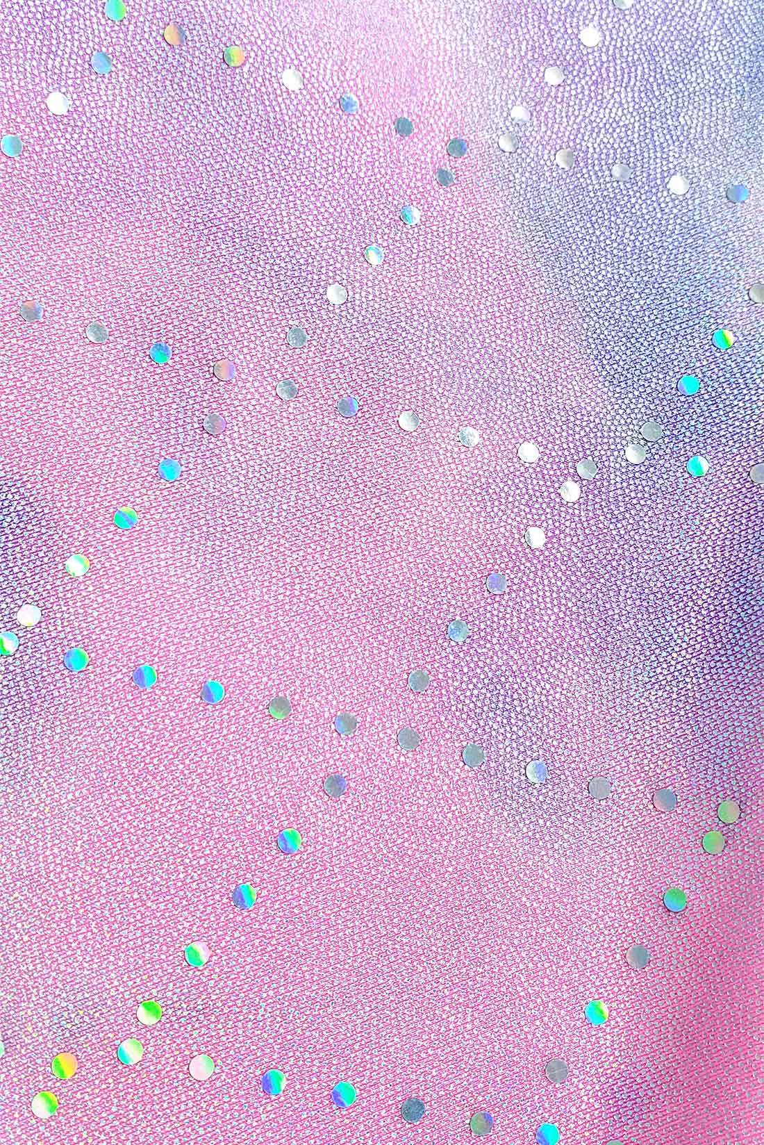 Glittery details on pink and purple spandex leotard by Destira, 2023