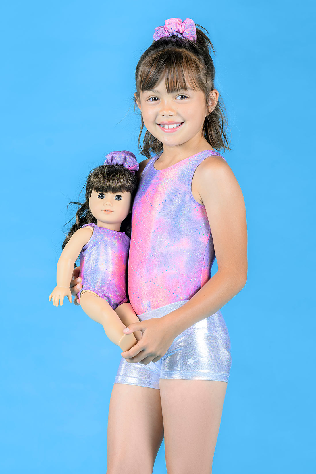 Pink sparkle gymnastics outfit with matching doll leotard by Destira, 2023