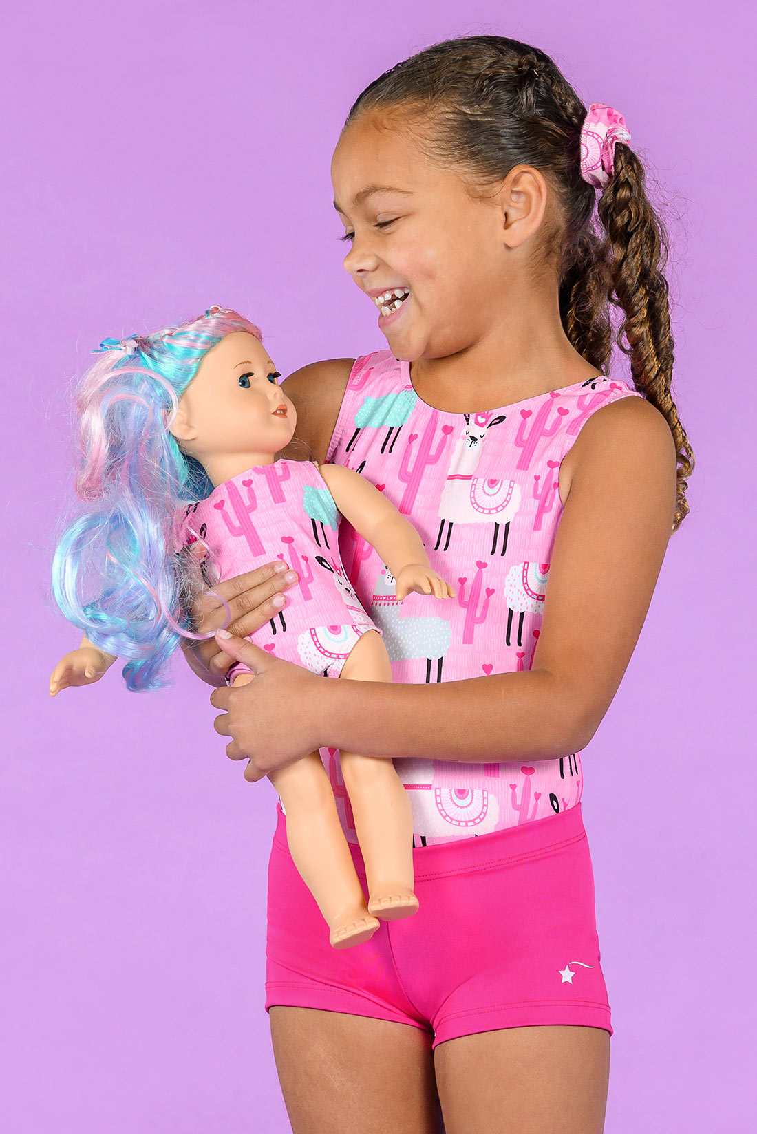 Pink llama gymnastics outfit with matching doll leotard, Destira, 2023