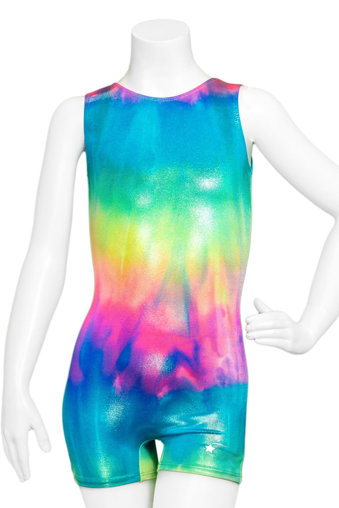 Front of rainbow unitard made with shiny hologram fabric by Destira, 2024